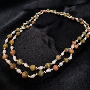 Vintage Unakite Jasper & Pearl Long Necklace